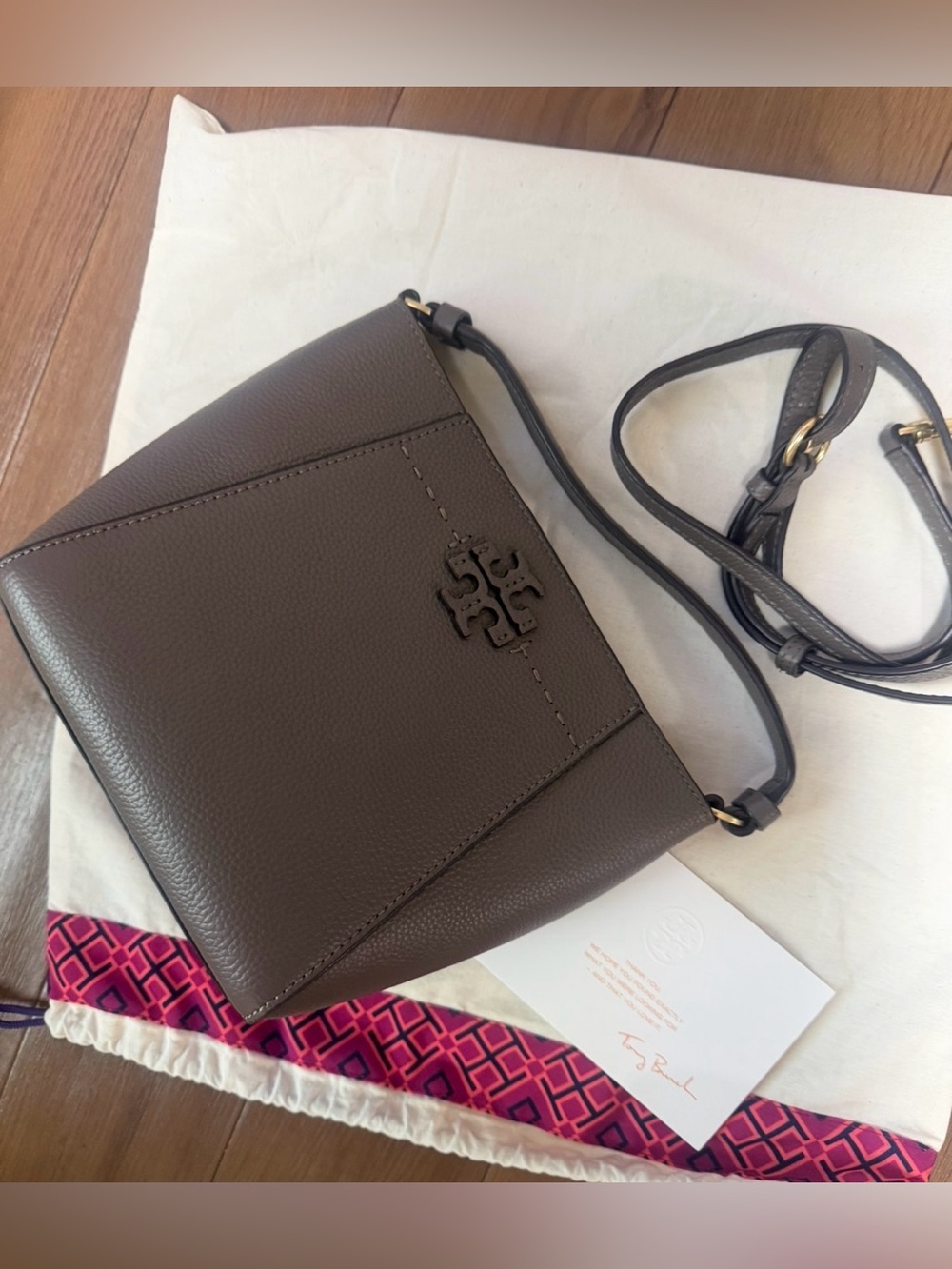 Tory Burch Pebbled Leather Mini Crossbody in Taupe